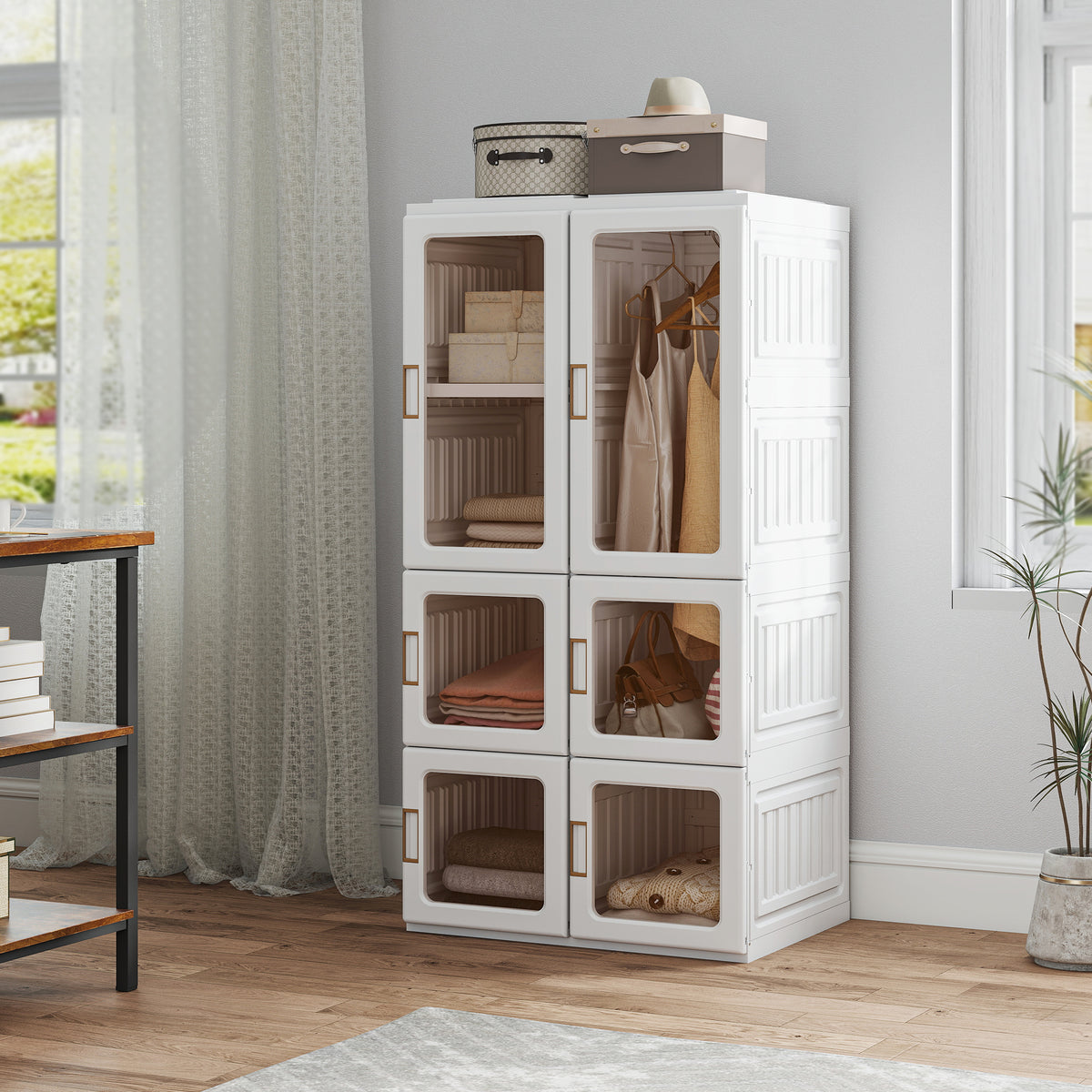 White Portable Wardrobe | 53.5" Foldable Plastic Closet with 5 Compartments and Hanging Rod