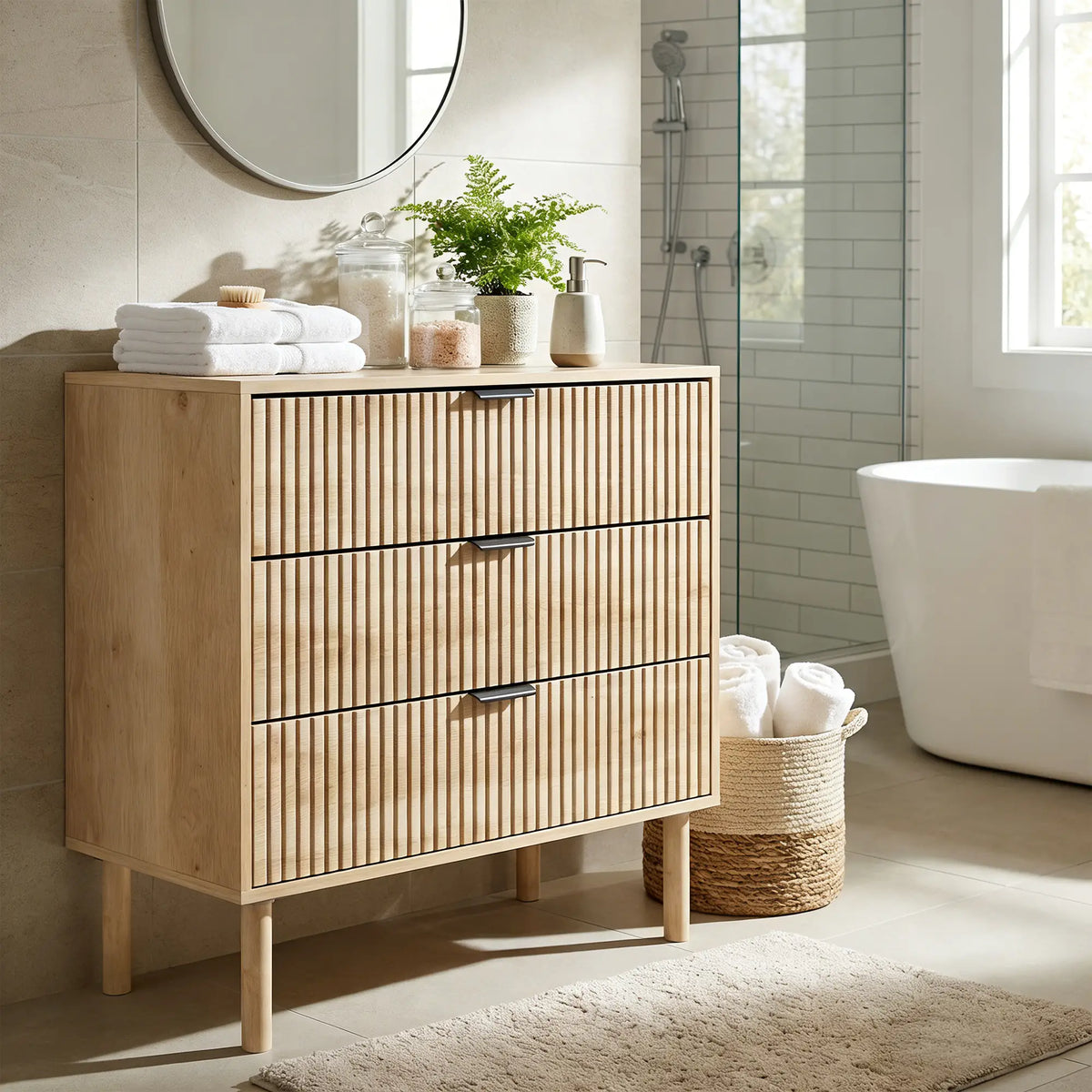 Natural Oak Chest of Drawers | Fluted 3-Drawer Dresser