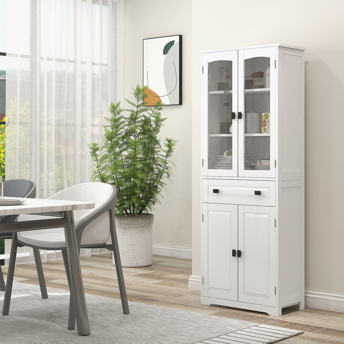 White 4-Door Kitchen Pantry Cabinet | 63" Freestanding Storage Cupboard with Glass Doors