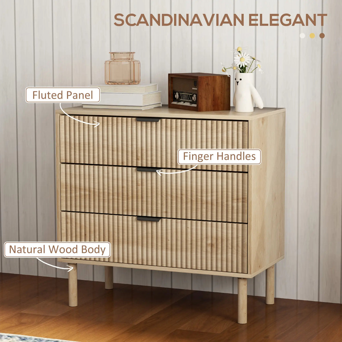 Natural Oak Chest of Drawers | Fluted 3-Drawer Dresser