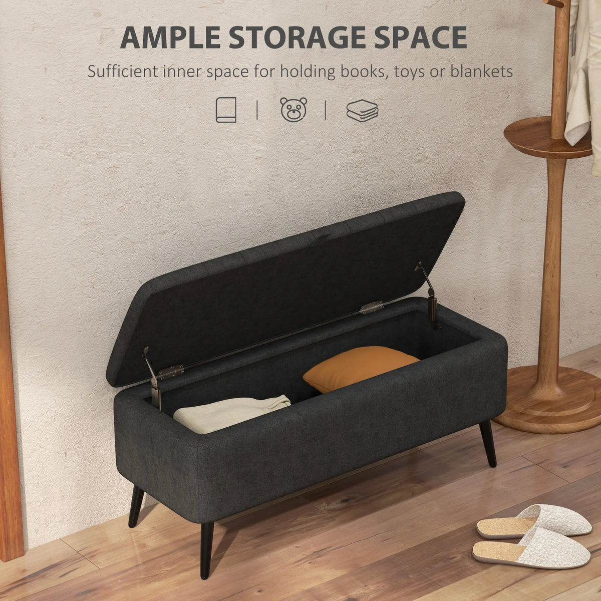 Charcoal Storage Ottoman | Entryway & Bedroom Storage Bench
