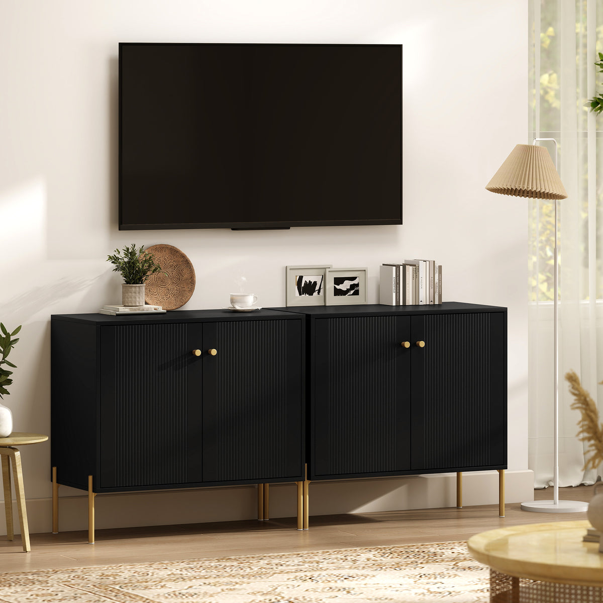Modern Black Buffet Sideboard with Fluted Doors - lifestyle view