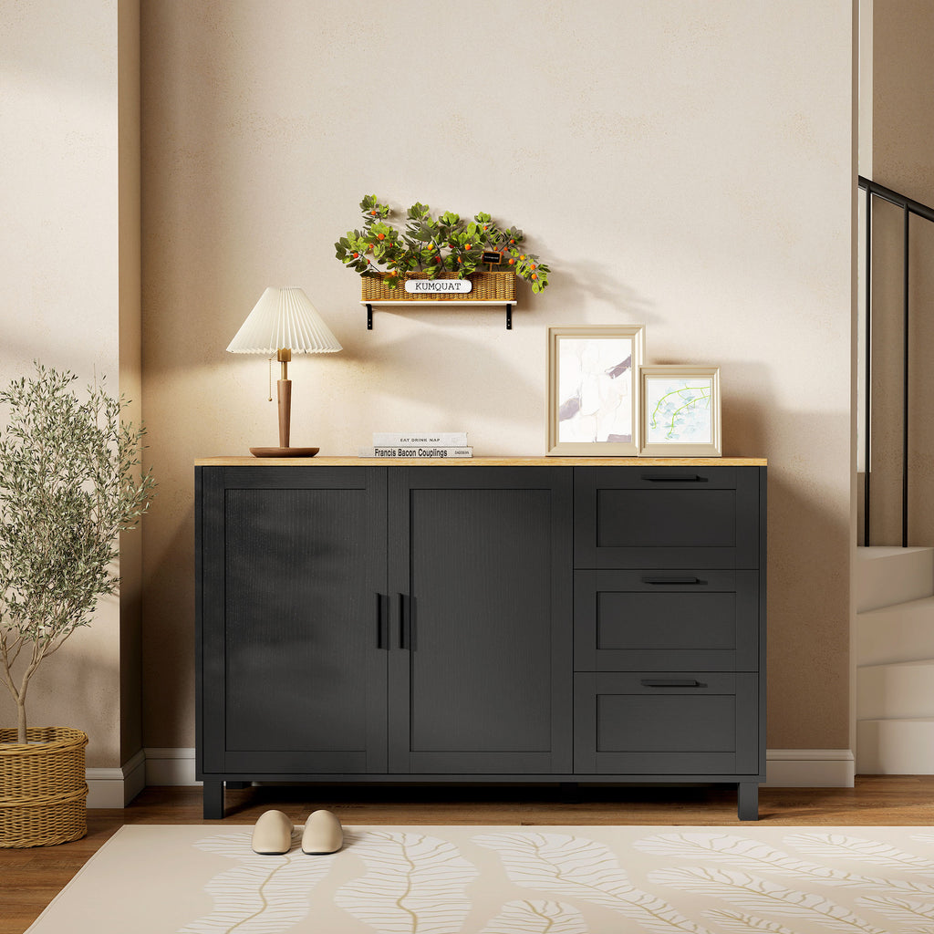 Black Modern Buffet Sideboard | 47.2" Wide Cabinet with Soft-Close Doors and 3 Drawers