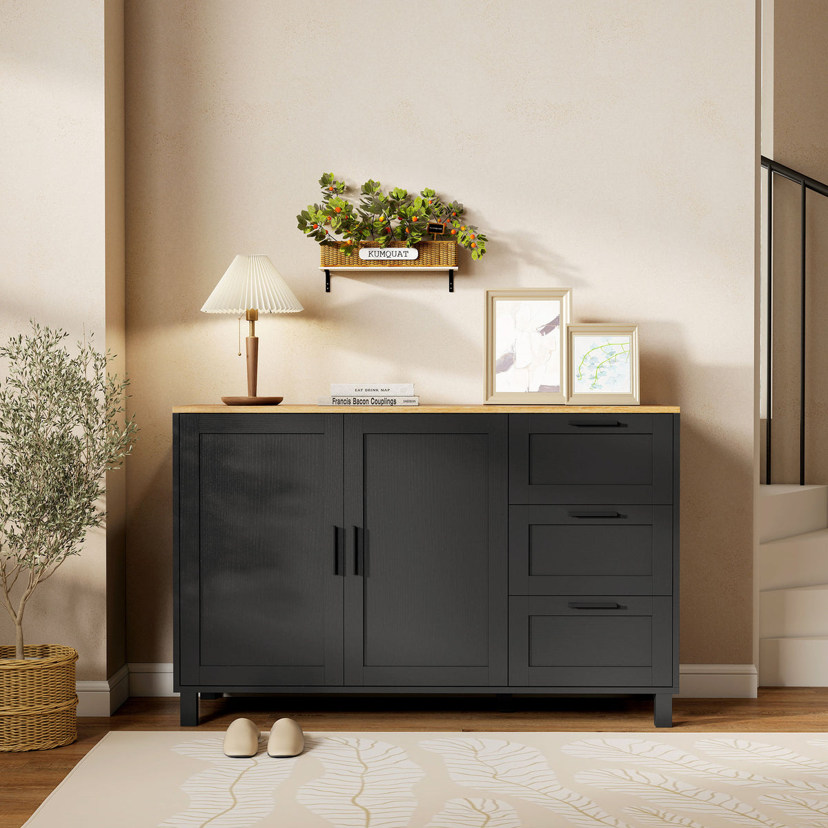Black Modern Buffet Sideboard | 47.2" Wide Cabinet with Soft-Close Doors and 3 Drawers