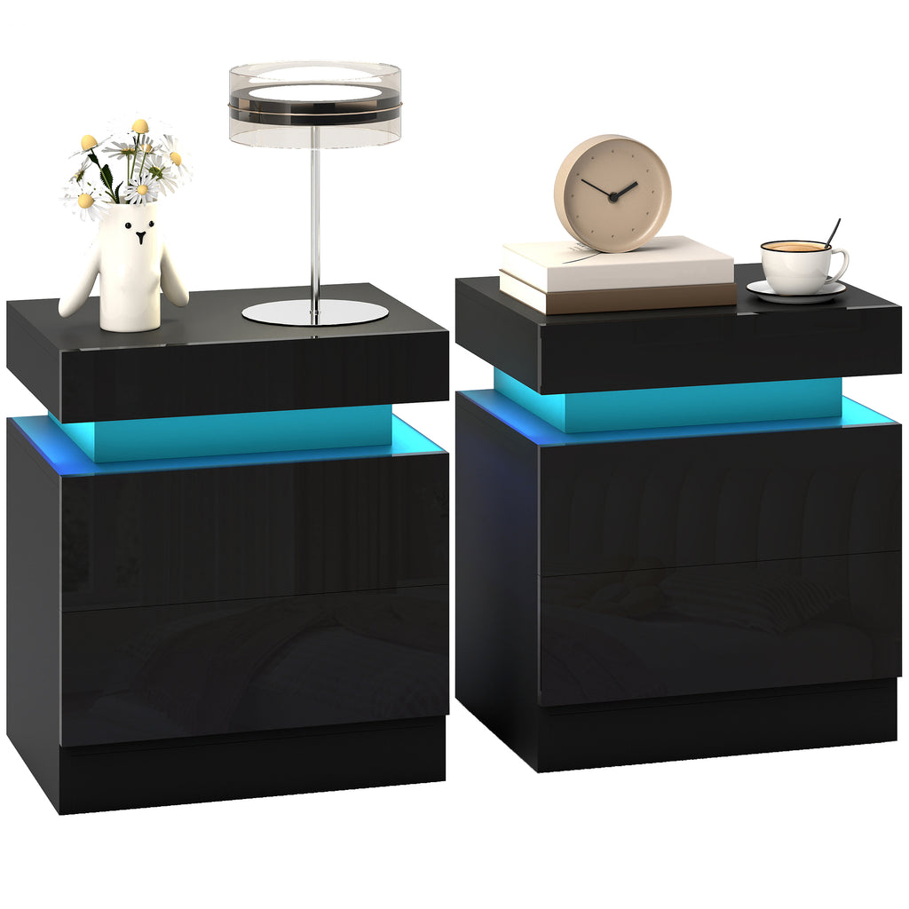 Black Nightstand Set of 2 | 20.5" LED Bedside Tables with Drawers