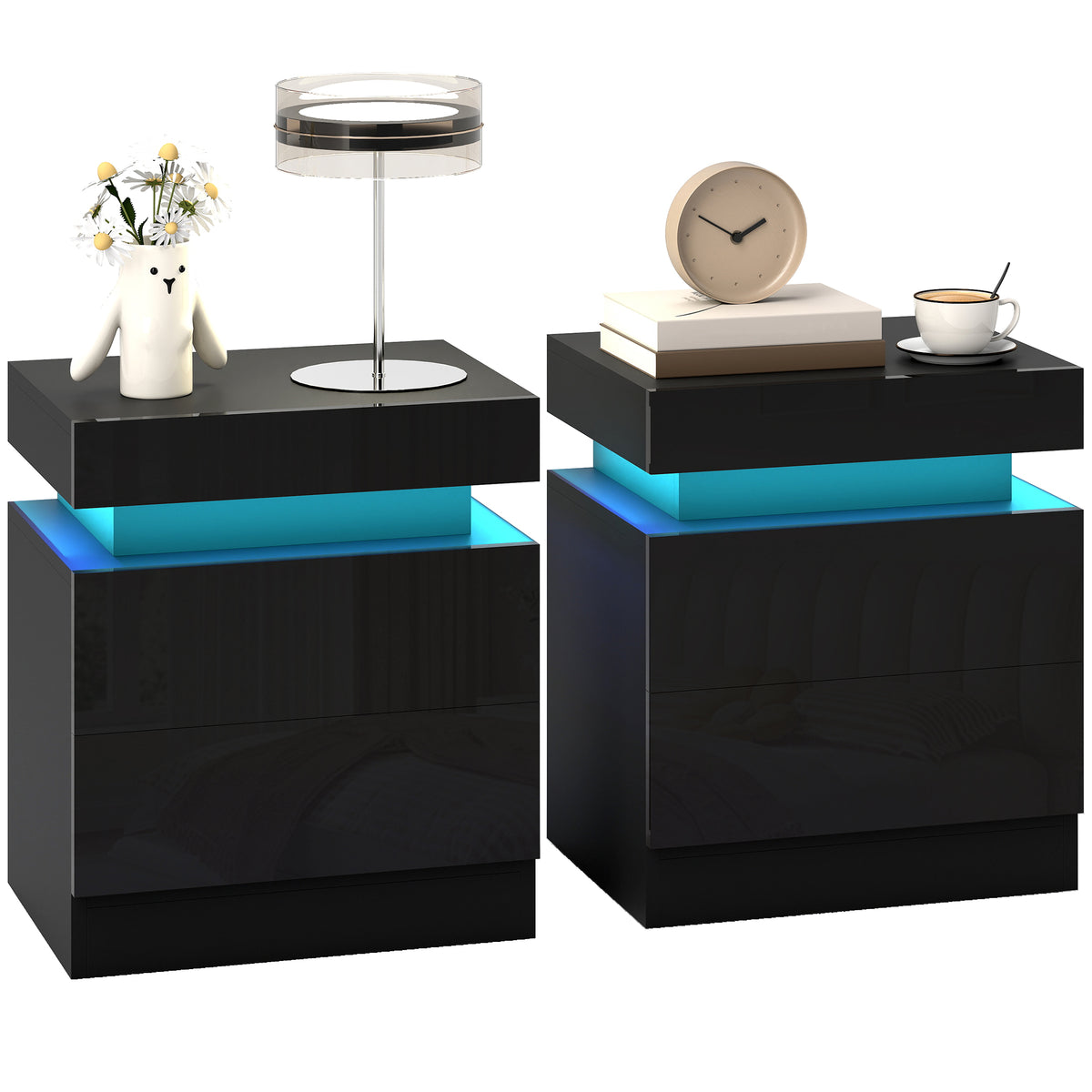 Black Nightstand Set of 2 | 20.5" LED Bedside Tables with Drawers