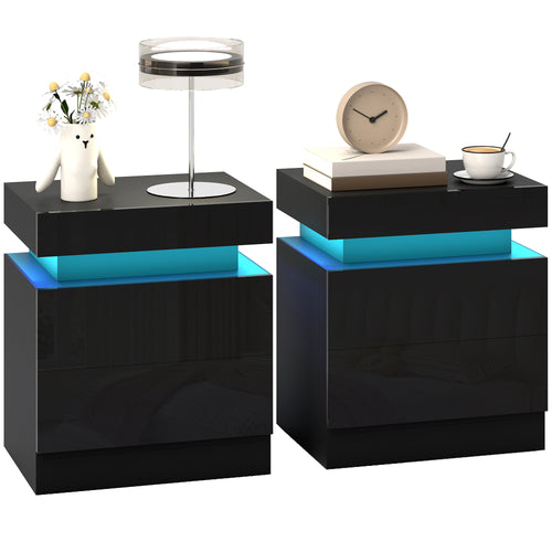 Black Nightstand Set of 2 | 20.5" LED Bedside Tables with Drawers
