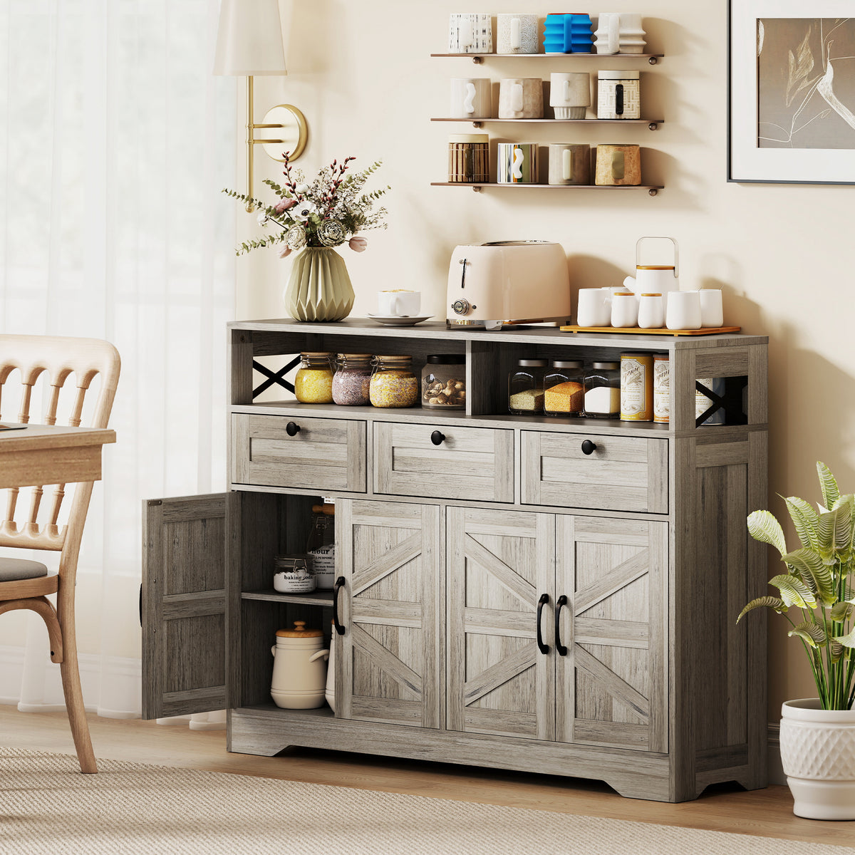 Grey Barn Door Sideboard | 47.2" Buffet Cabinet with Drawers and Adjustable Shelves