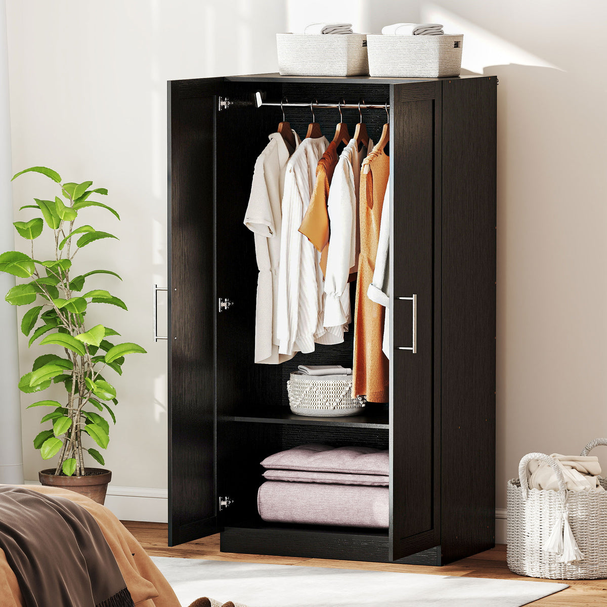 Black Wood-Effect Wardrobe | 63" Tall Armoire Closet with 2 Doors and Hanging Rod