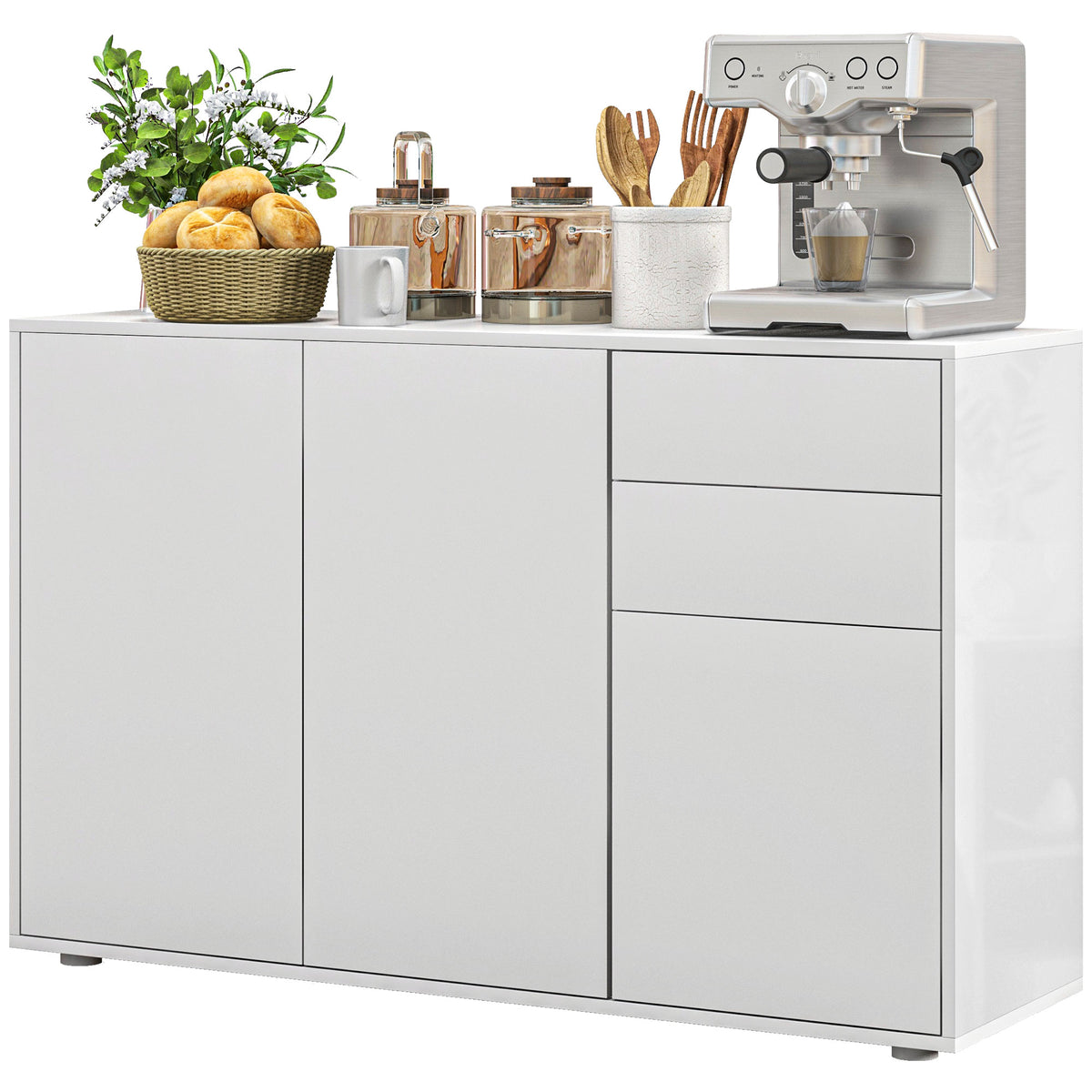 White Kitchen Sideboard Cabinet | 46.1" Push-Open Coffee Bar with Drawers