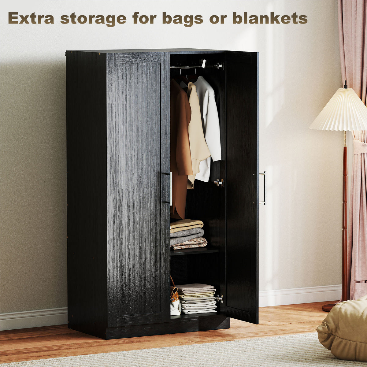 Black Wood-Effect Wardrobe | 63" Tall Armoire Closet with 2 Doors and Hanging Rod