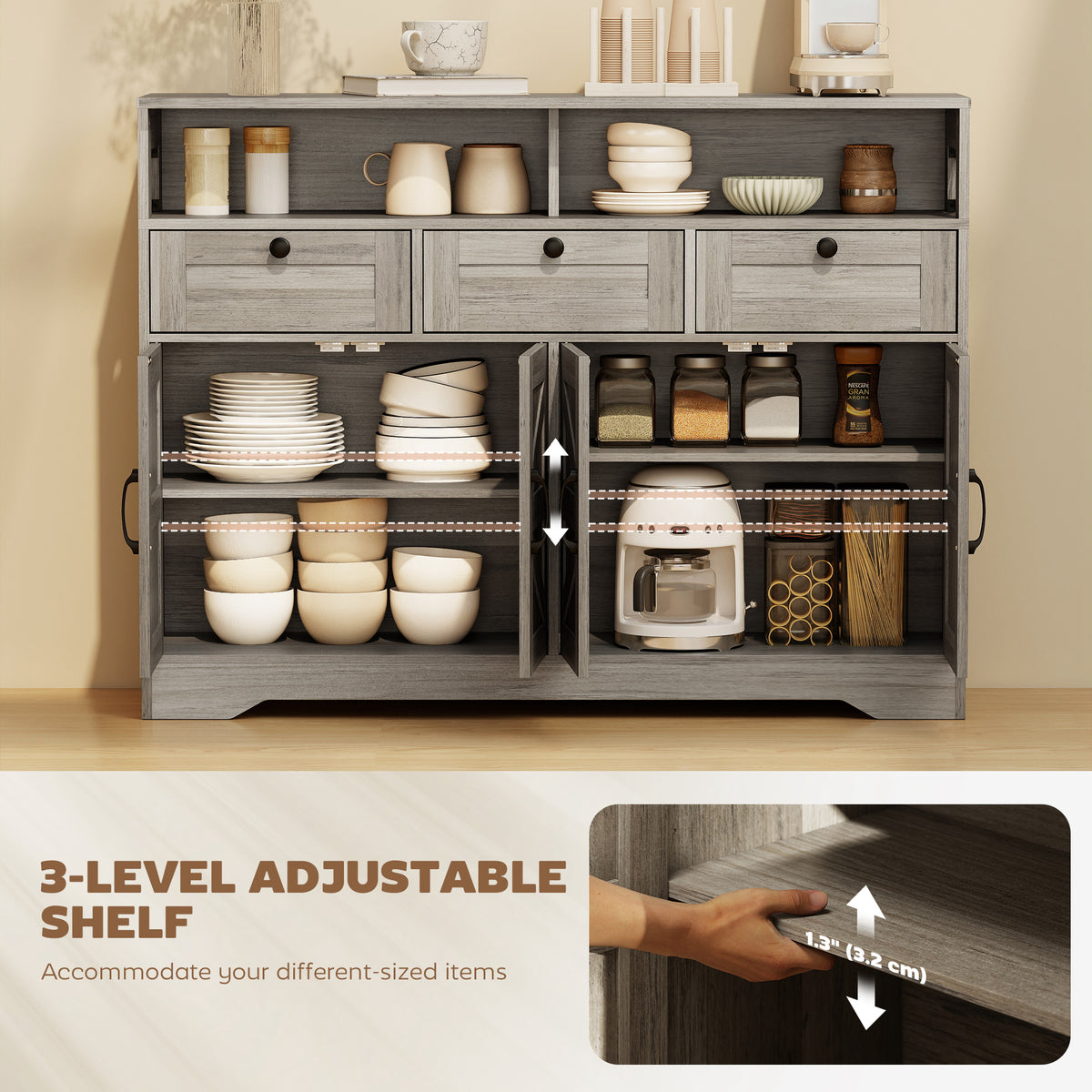 Grey Barn Door Sideboard | 47.2" Buffet Cabinet with Drawers and Adjustable Shelves