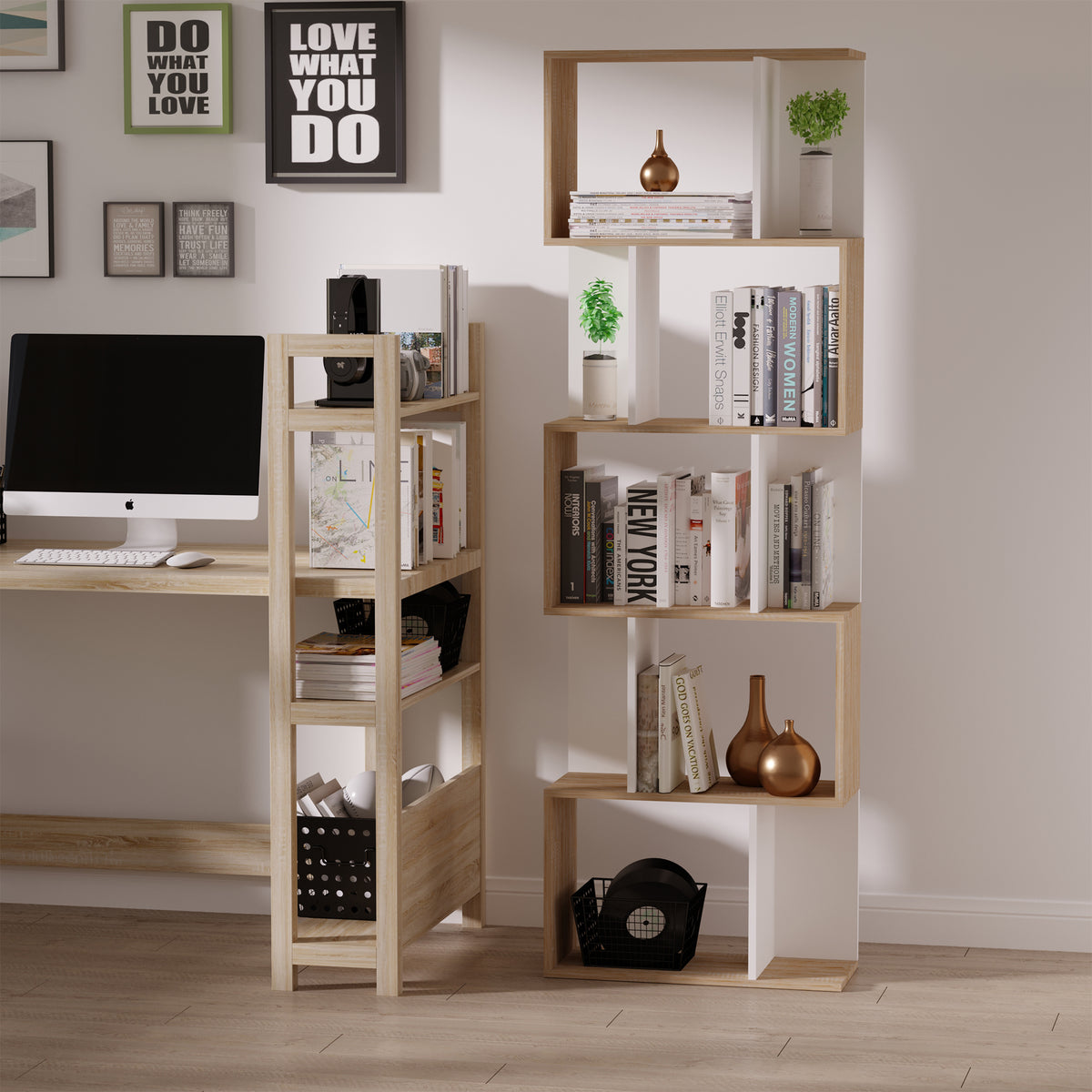 White & Oak Bookshelf | S-Shape Open Storage Shelf