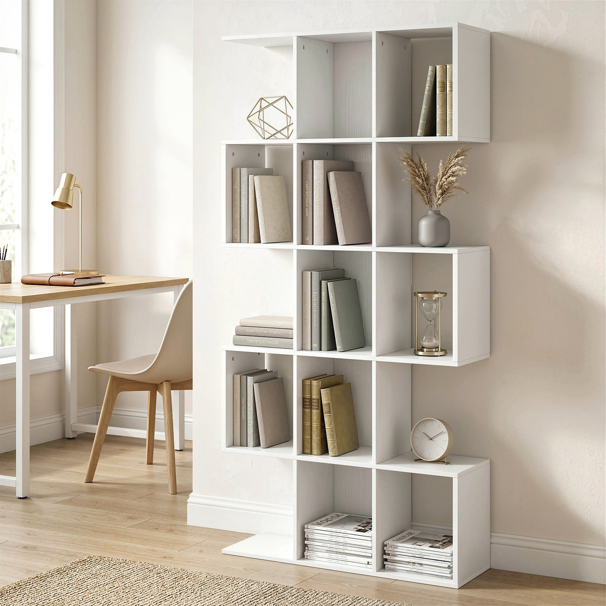 White Geometric Bookshelf | Multi-Level Open Storage Shelf