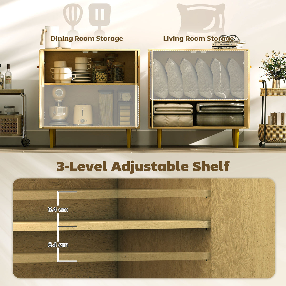 Oak Buffet Sideboard with Gold Legs - dimensions
