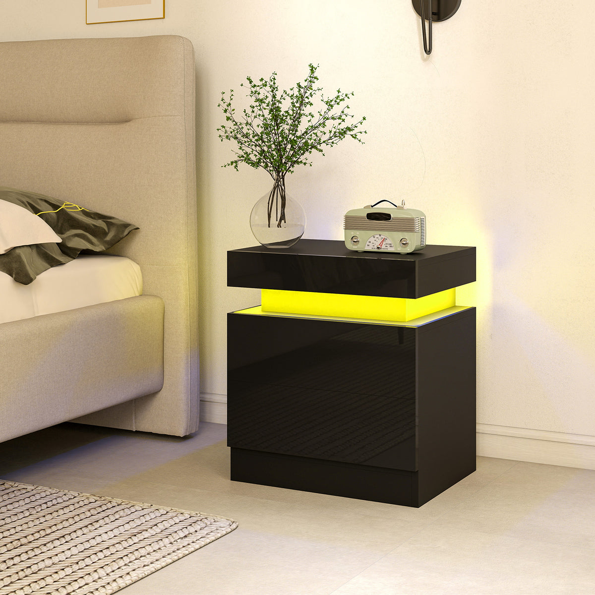 Black Nightstand Set of 2 | 20.5" LED Bedside Tables with Drawers