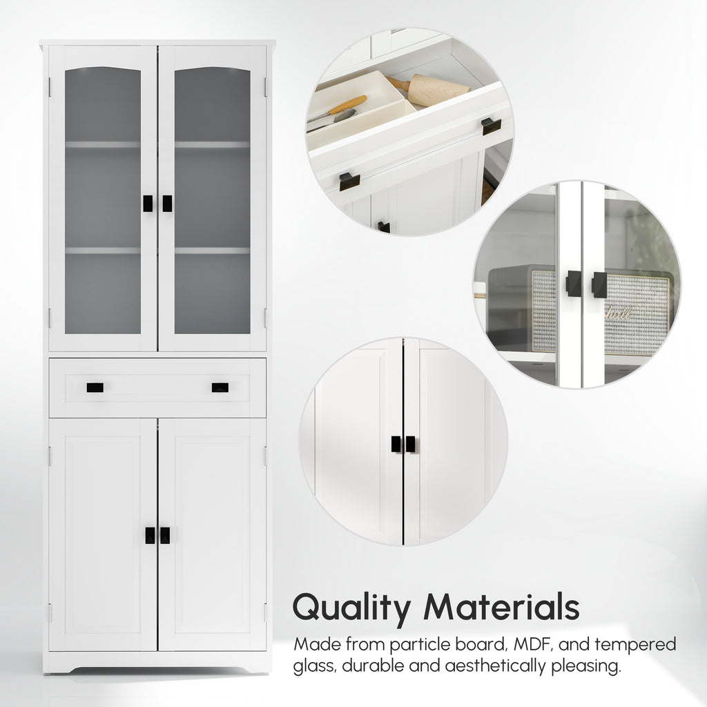 White 4-Door Kitchen Pantry Cabinet | 63" Freestanding Storage Cupboard with Glass Doors