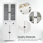 White 4-Door Kitchen Pantry Cabinet | 63" Freestanding Storage Cupboard with Glass Doors