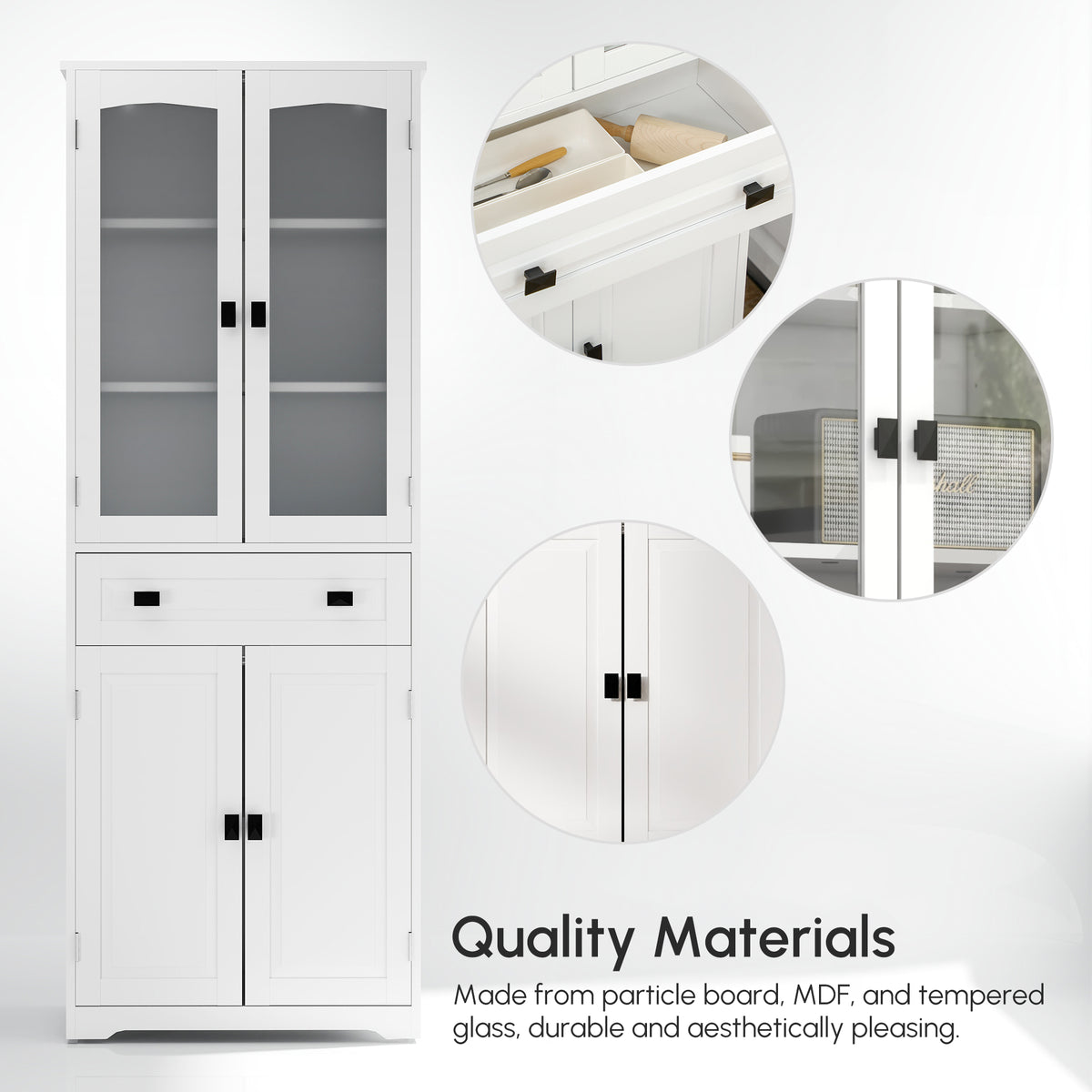 White 4-Door Kitchen Pantry Cabinet | 63" Freestanding Storage Cupboard with Glass Doors