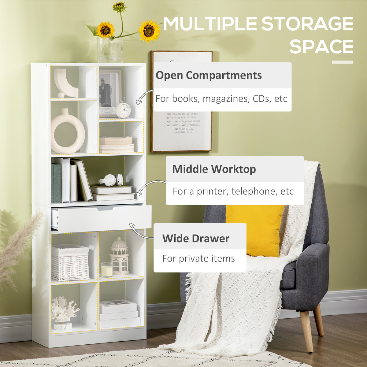 White Wooden Bookshelf with Drawer | 62.2" Tall Freestanding Bookcase for Home Office
