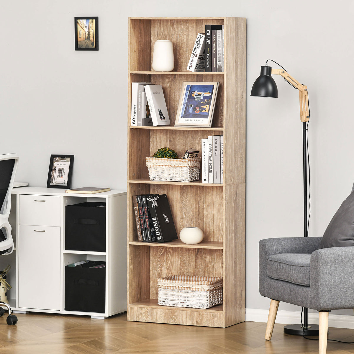 Nature Wood 5-Tier Bookcase | 69.25" Tall Adjustable Shelf Storage Unit