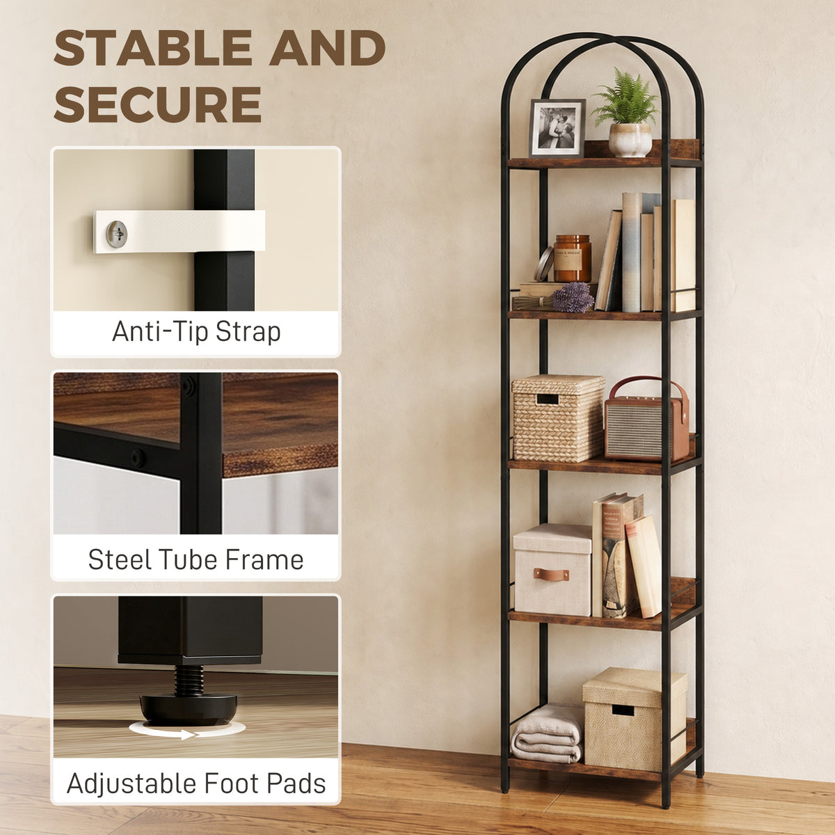 Rustic Brown Arched Bookshelf - detail view