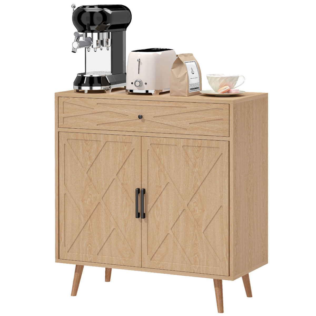 Modern Oak Buffet Sideboard with Patterned Doors - angle view