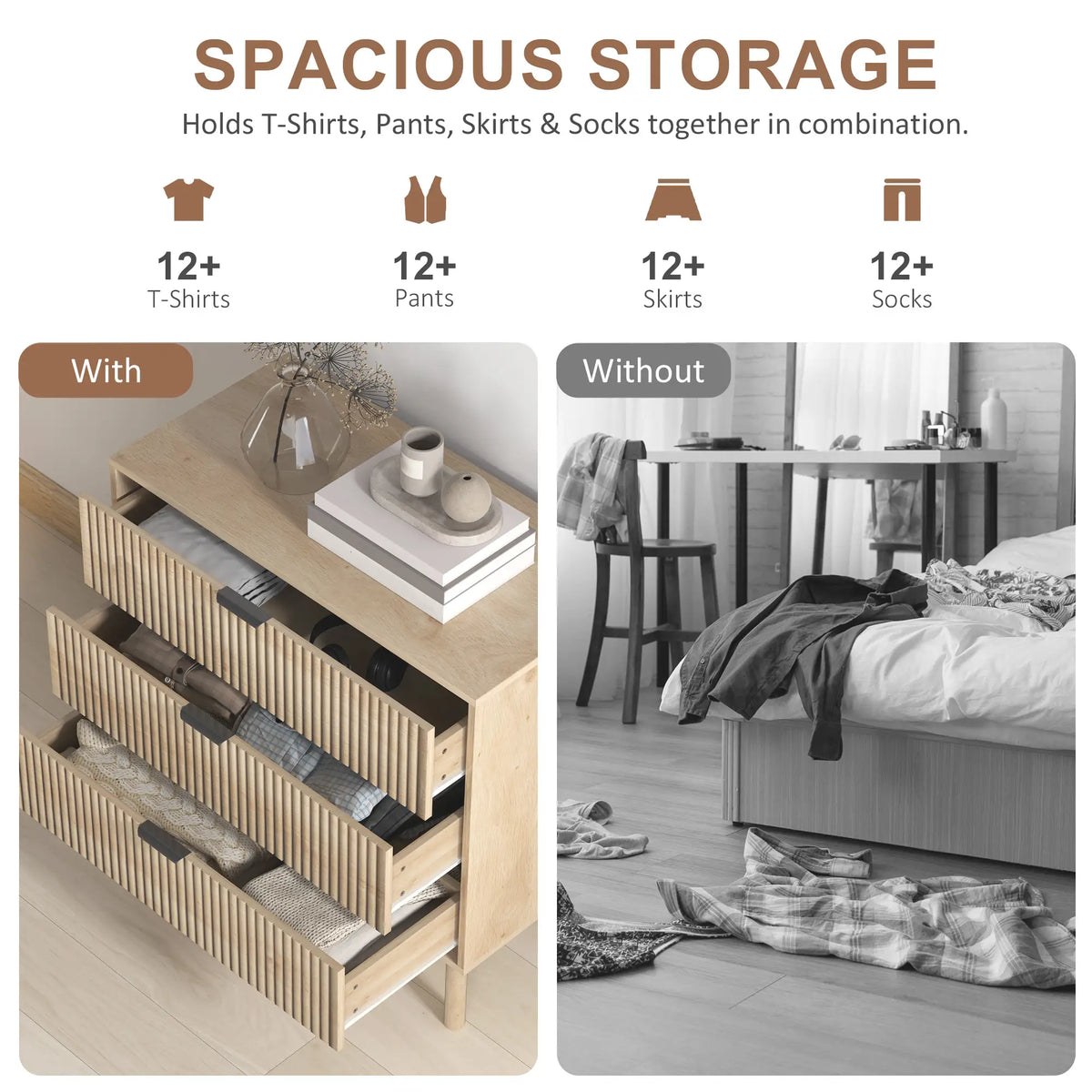 Natural Oak Chest of Drawers | Fluted 3-Drawer Dresser