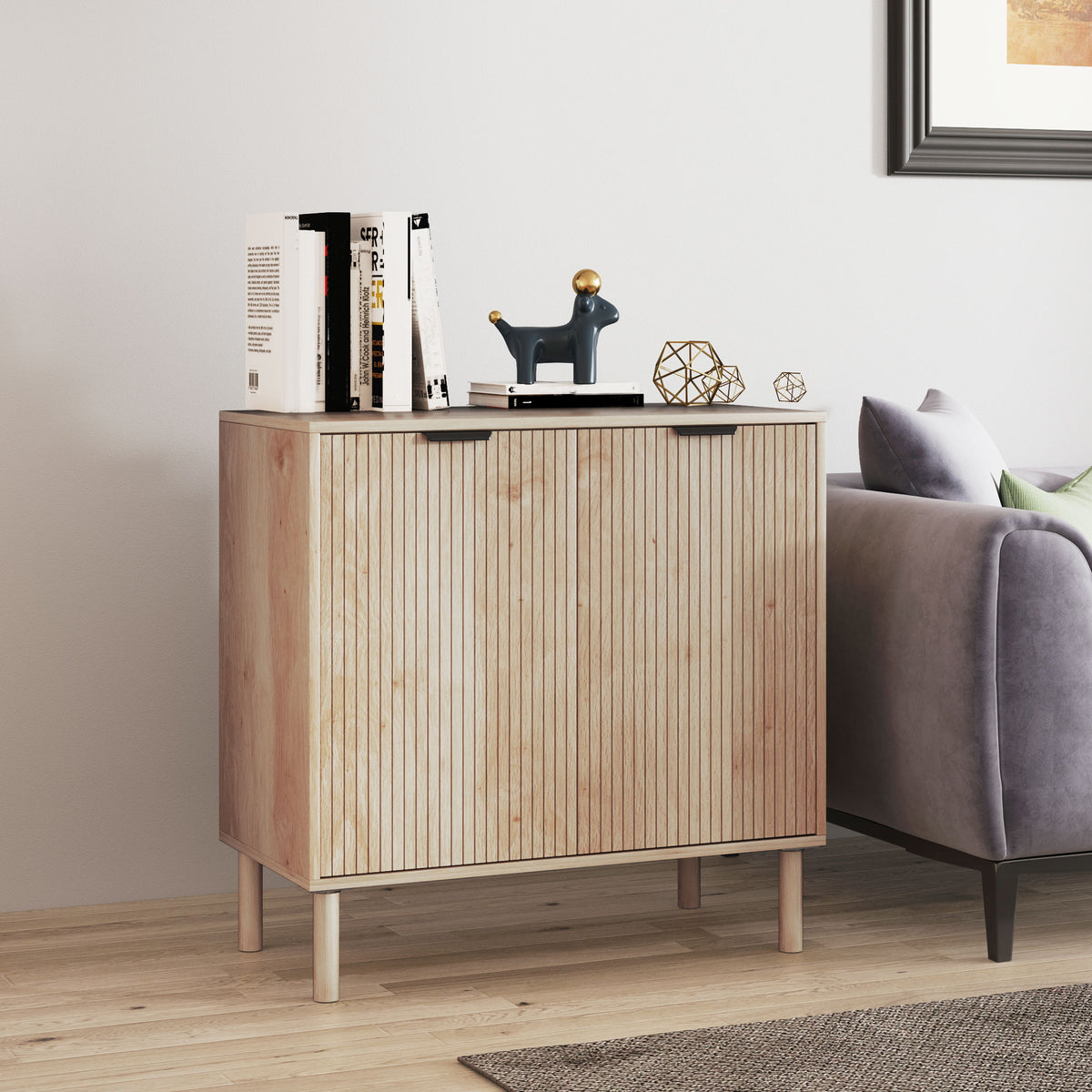 Natural Oak Storage Cabinet | Fluted 2-Door Accent Cabinet