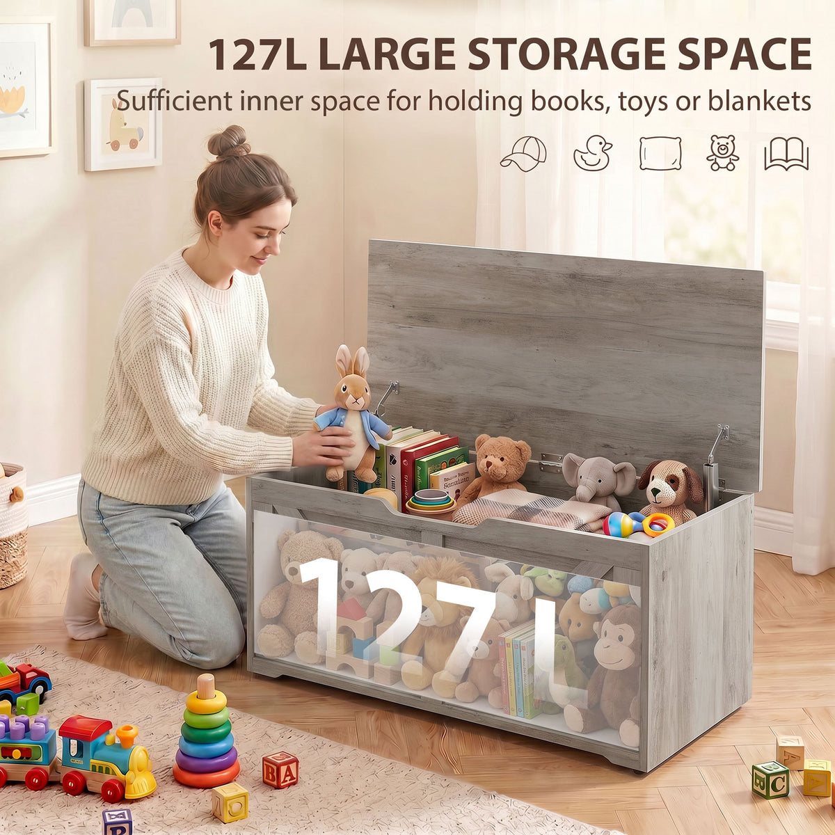 Grey Wood Grain Storage Chest - hinge detail