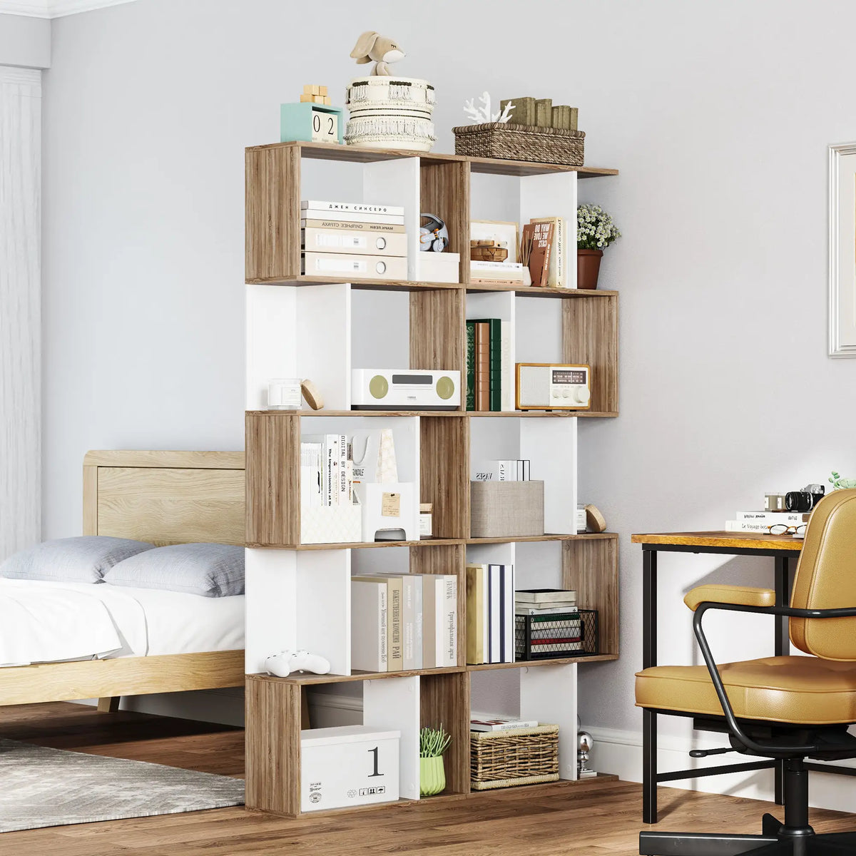 White & Oak Bookshelf | S-Shape Open Storage Shelf