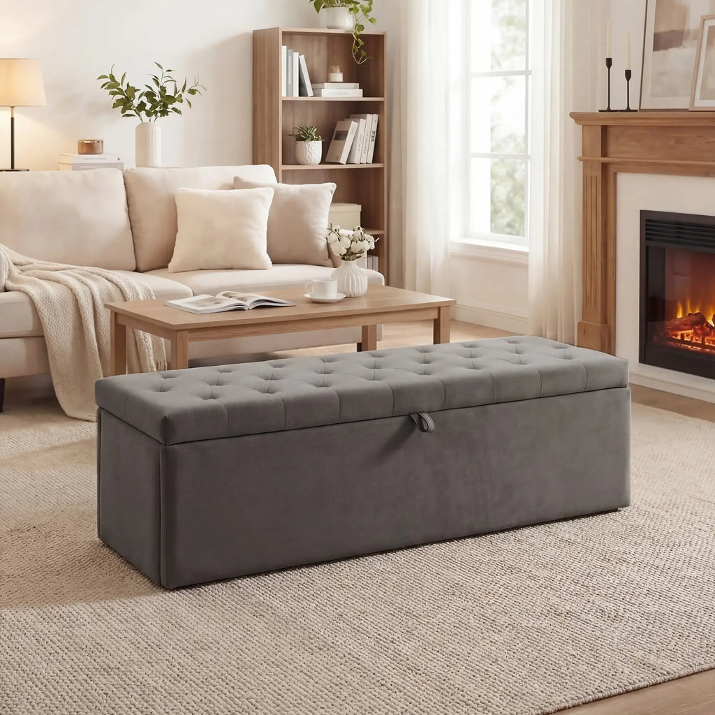 Grey Storage Ottoman | Large Tufted Bedroom Storage Bench