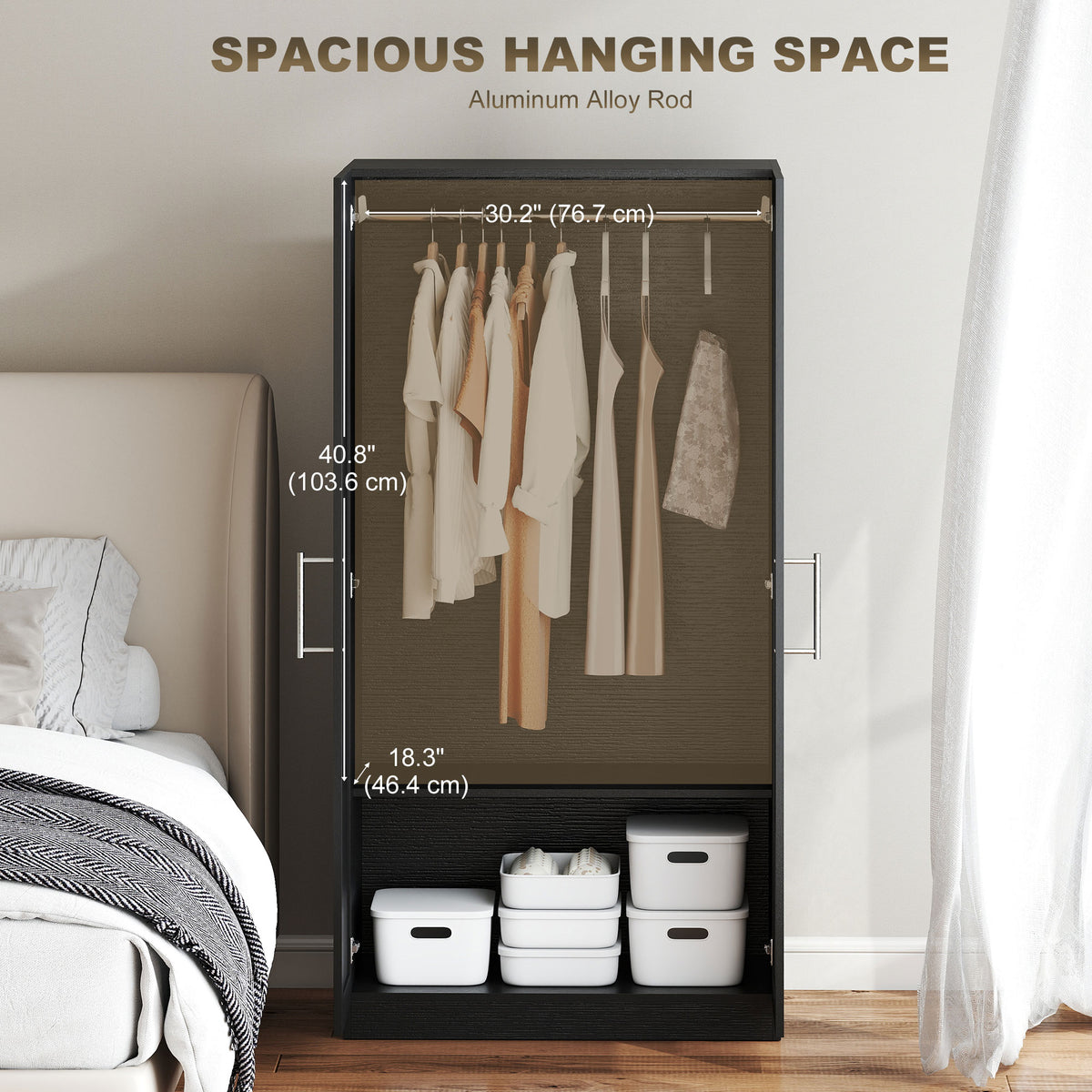 Black Wood-Effect Wardrobe | 63" Tall Armoire Closet with 2 Doors and Hanging Rod