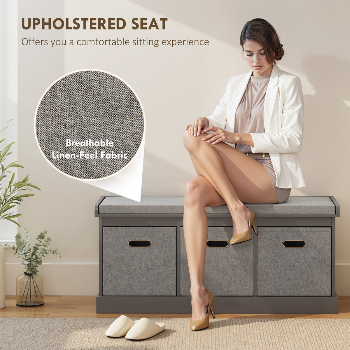 Dark Grey Shoe Storage Bench | 41.3" Entryway Bench with Cushion and Fabric Drawers