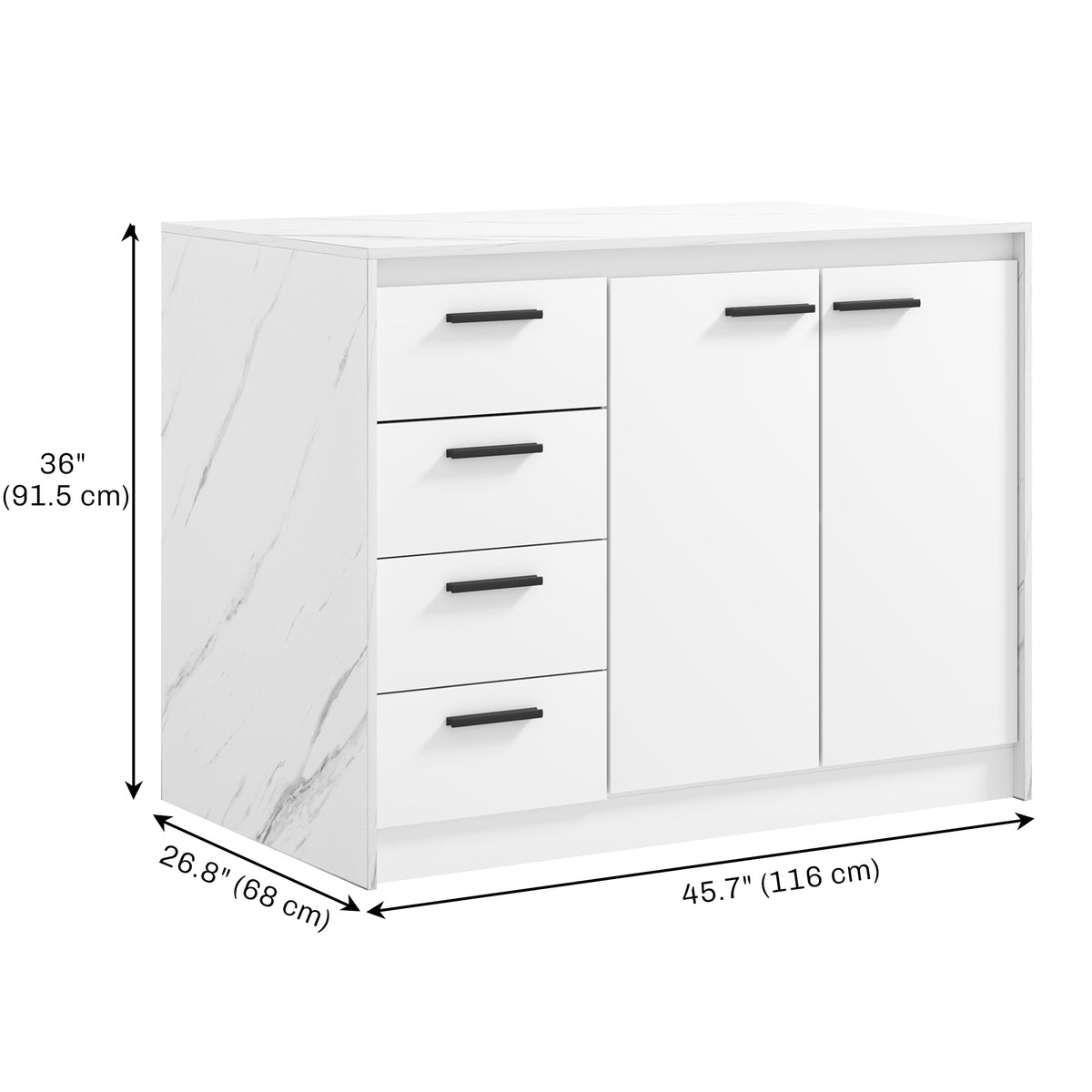 White Faux Marble Kitchen Island | 45.7" Storage Cabinet with 4 Drawers