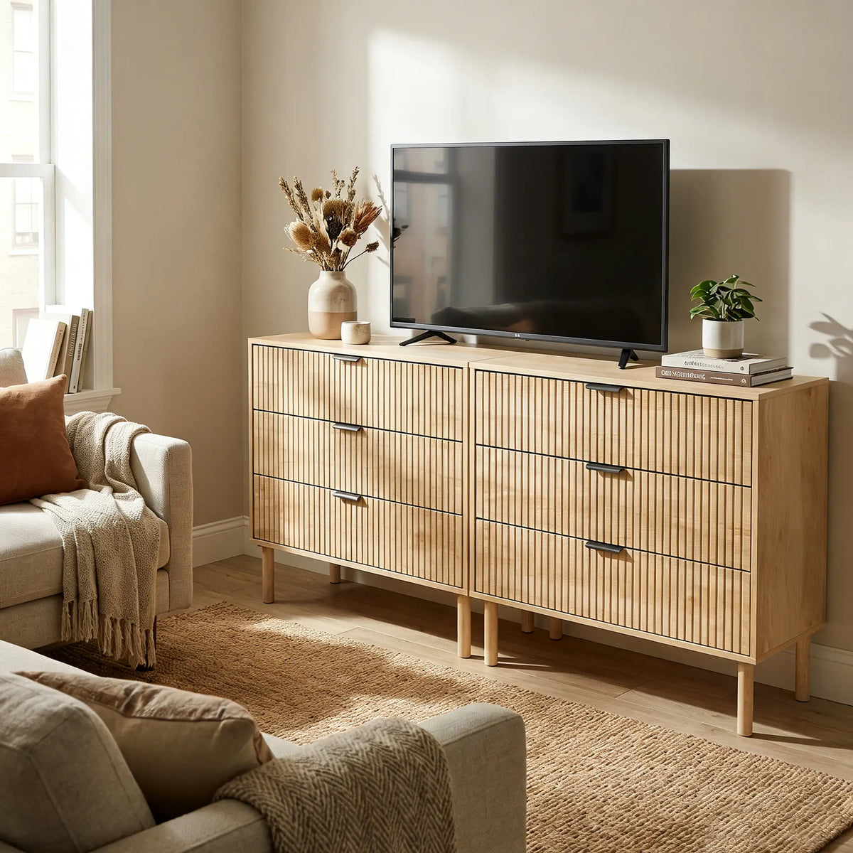 Natural Oak Chest of Drawers | Fluted 3-Drawer Dresser