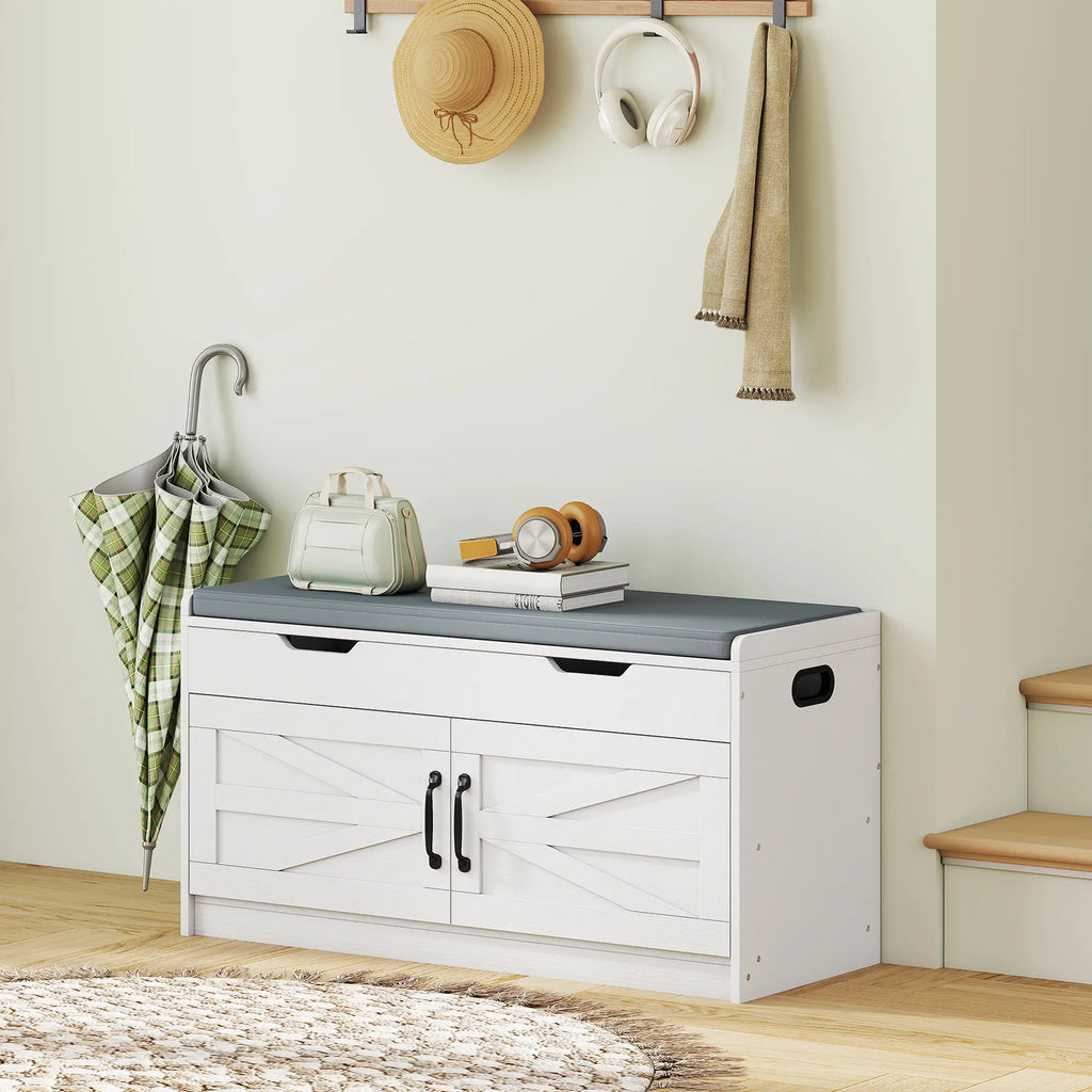 White Shoe Storage Bench | 2-Cabinet Farmhouse Bench with Cushion