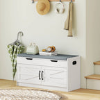 White Shoe Storage Bench | 2-Cabinet Farmhouse Bench with Cushion