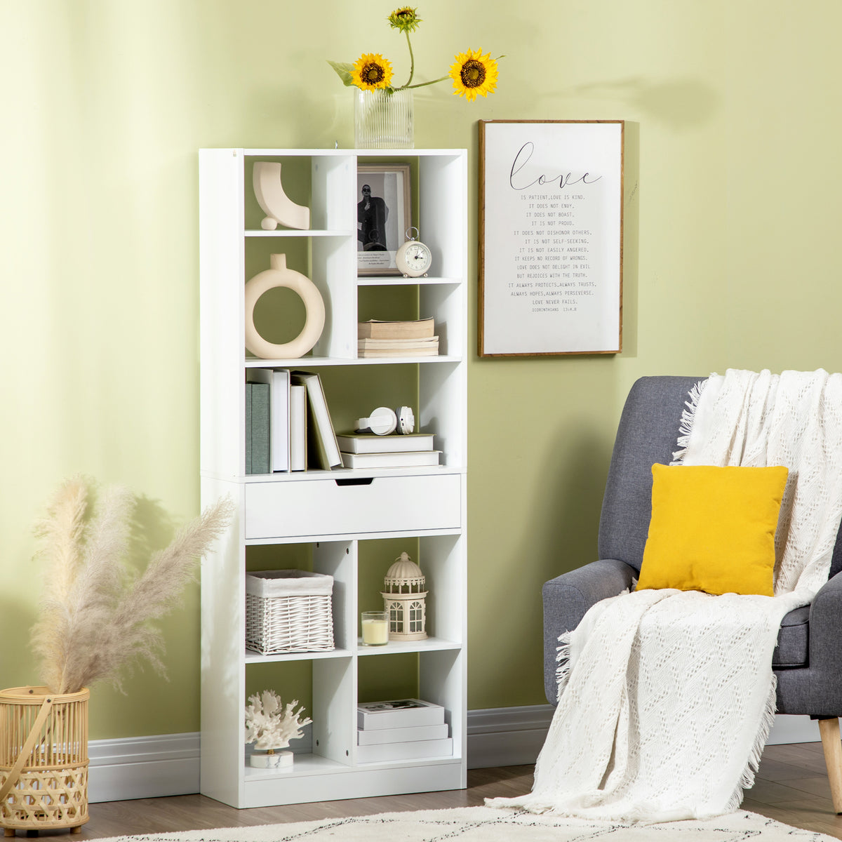 White Wooden Bookshelf with Drawer | 62.2" Tall Freestanding Bookcase for Home Office