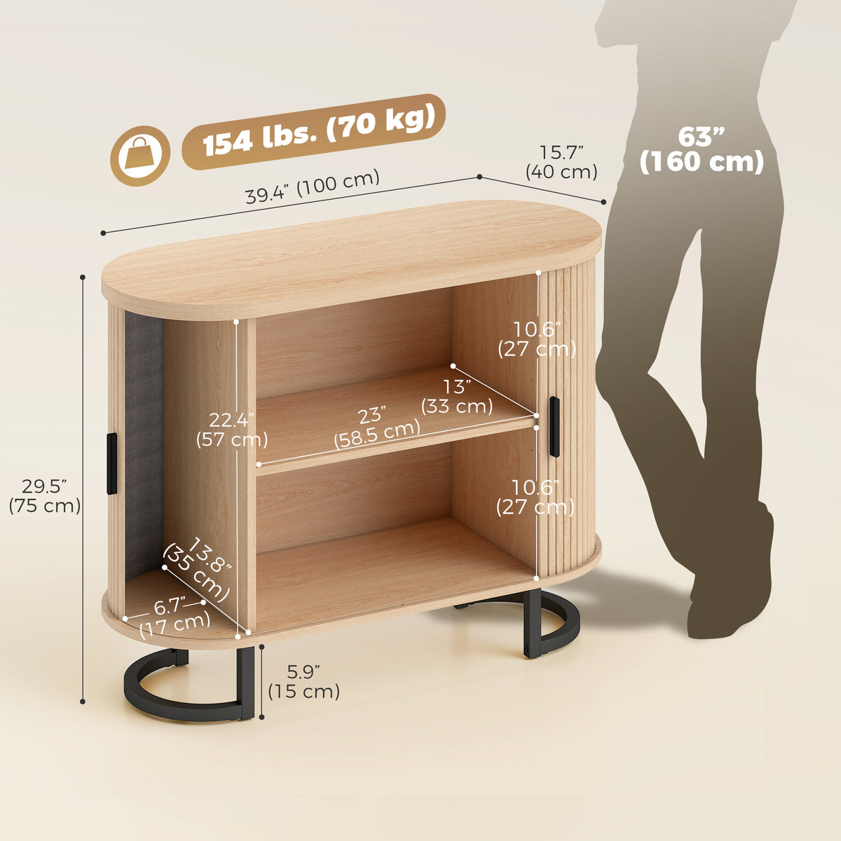 Natural Wood Sideboard Buffet Cabinet with Curved Tambour Doors - open doors view
