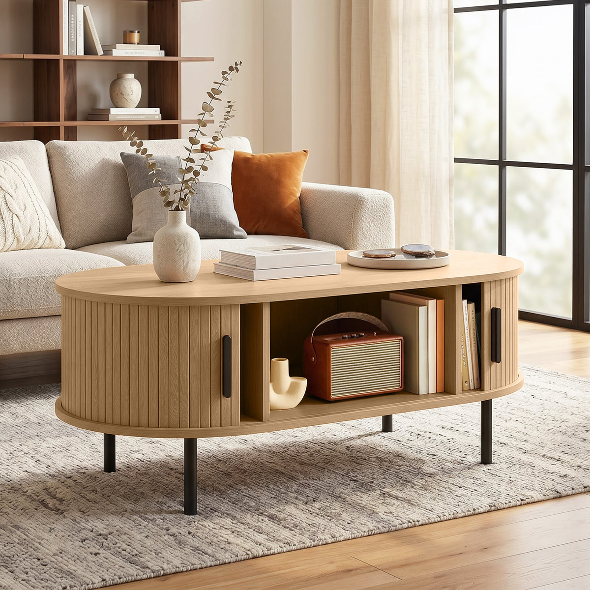 Natural Wood Coffee Table with Sliding Tambour Doors - front view