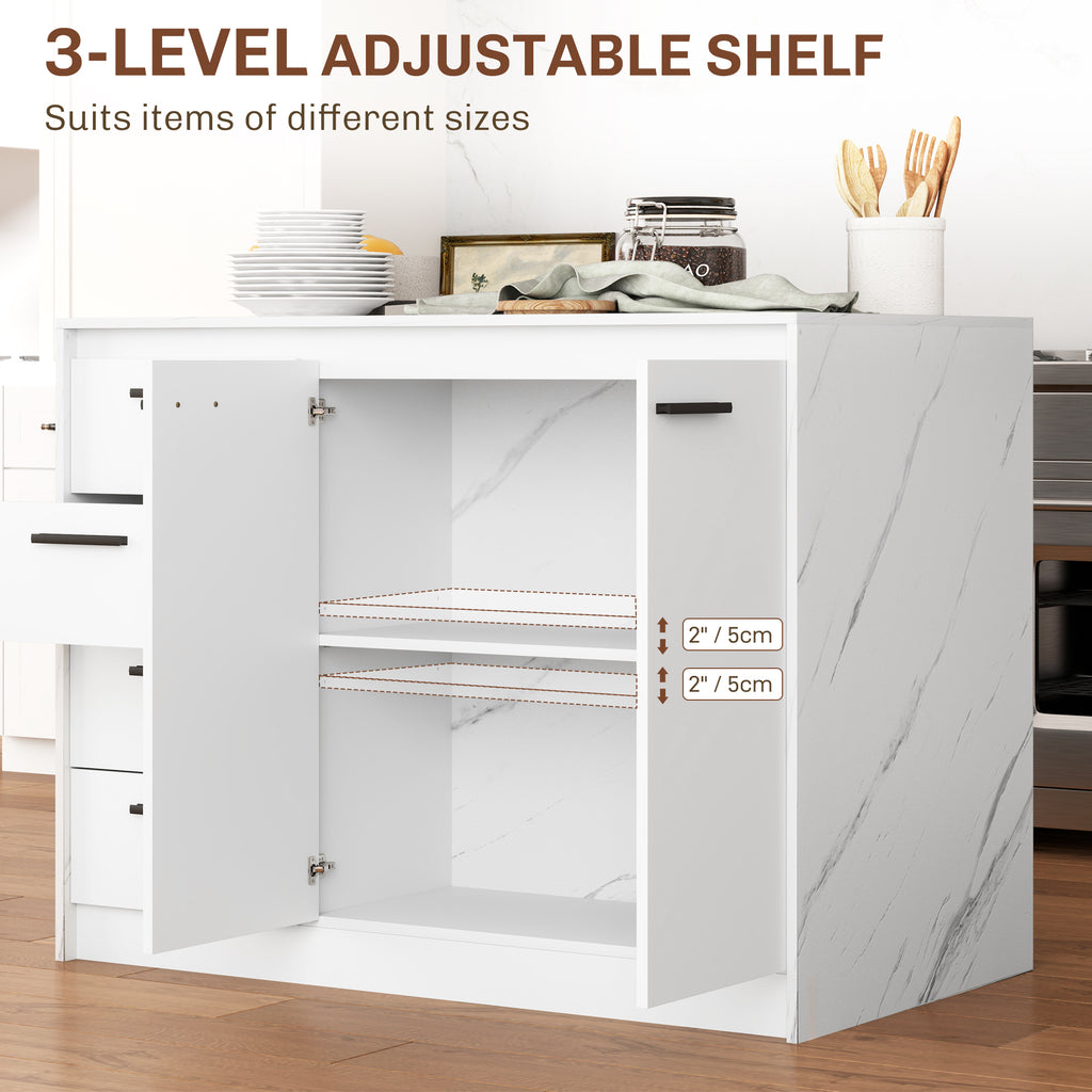 White Faux Marble Kitchen Island | 45.7" Storage Cabinet with 4 Drawers
