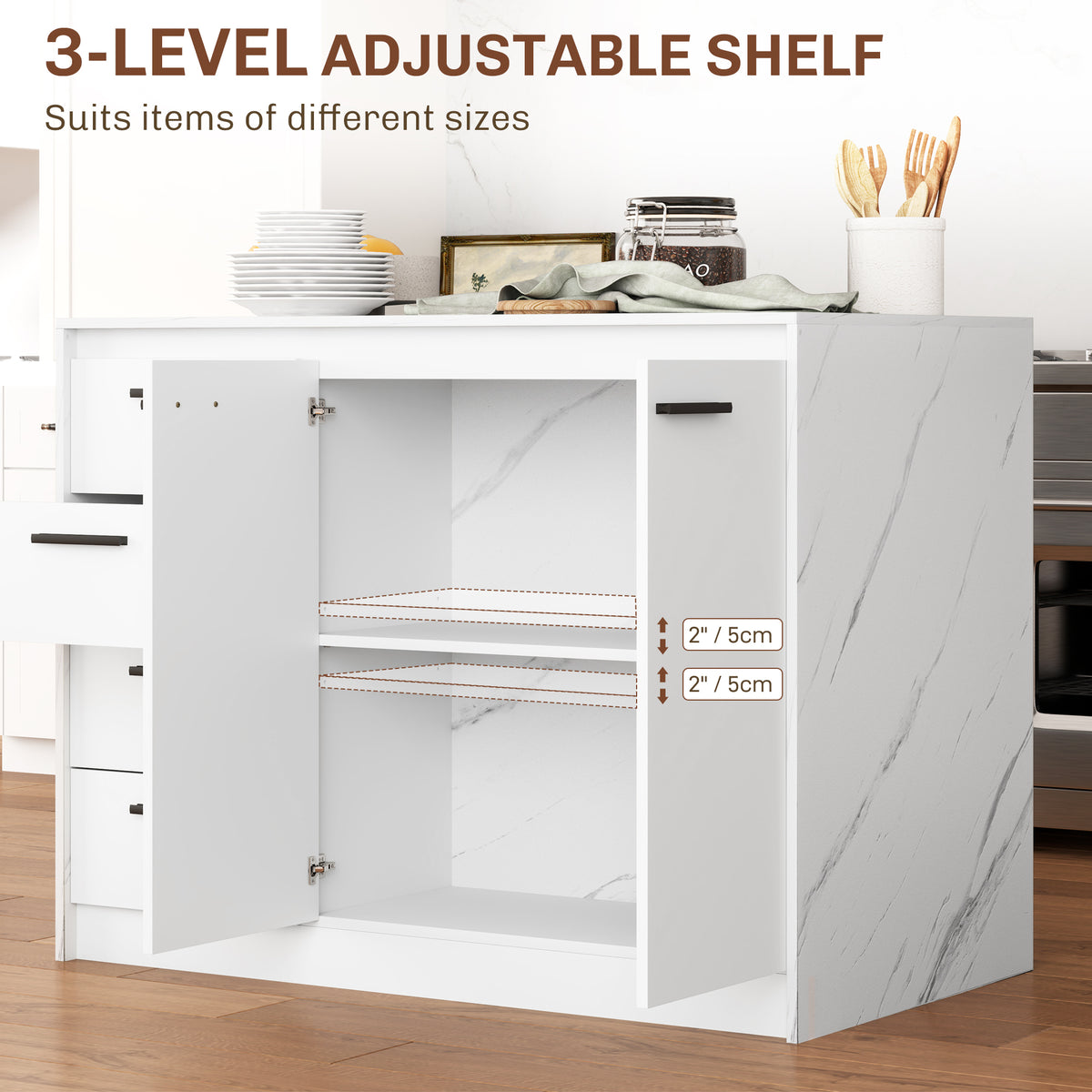 White Faux Marble Kitchen Island | 45.7" Storage Cabinet with 4 Drawers