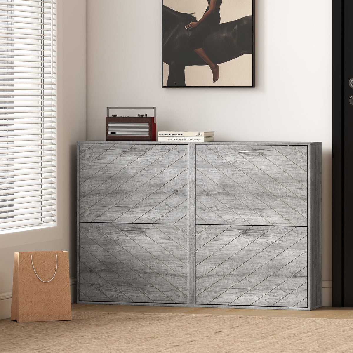 Grey Shoe Storage Cabinet | 45.5" Wide Entryway Cabinet with 4 Flip Drawers