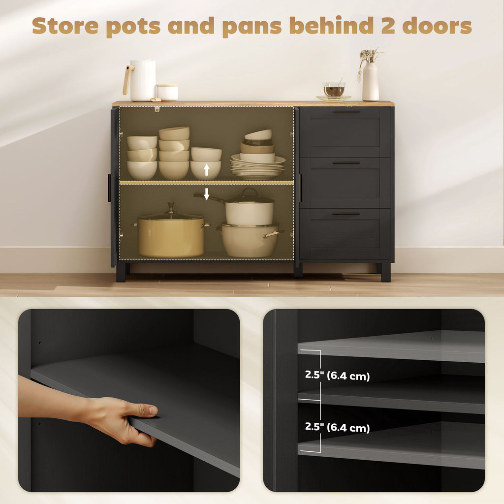 Black Modern Buffet Sideboard | 47.2" Wide Cabinet with Soft-Close Doors and 3 Drawers