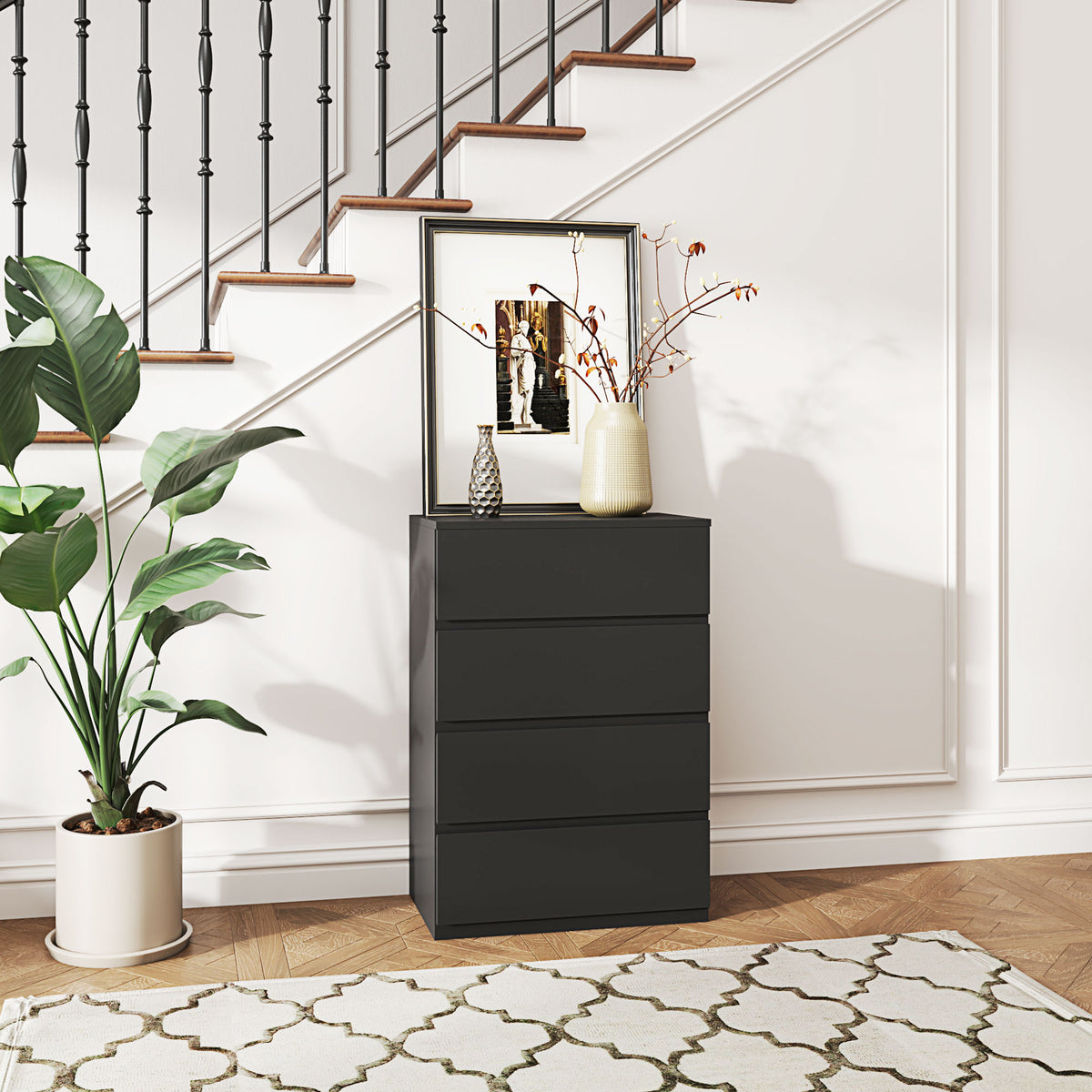 Black Chest of Drawers | Slim 4-Drawer Storage Dresser