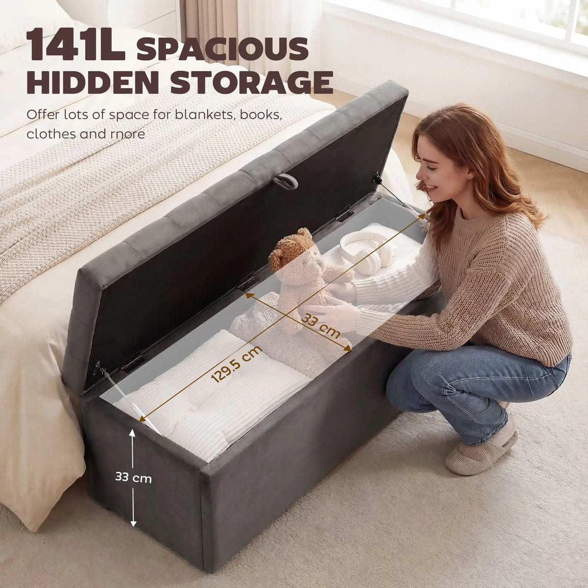 Grey Storage Ottoman | Large Tufted Bedroom Storage Bench