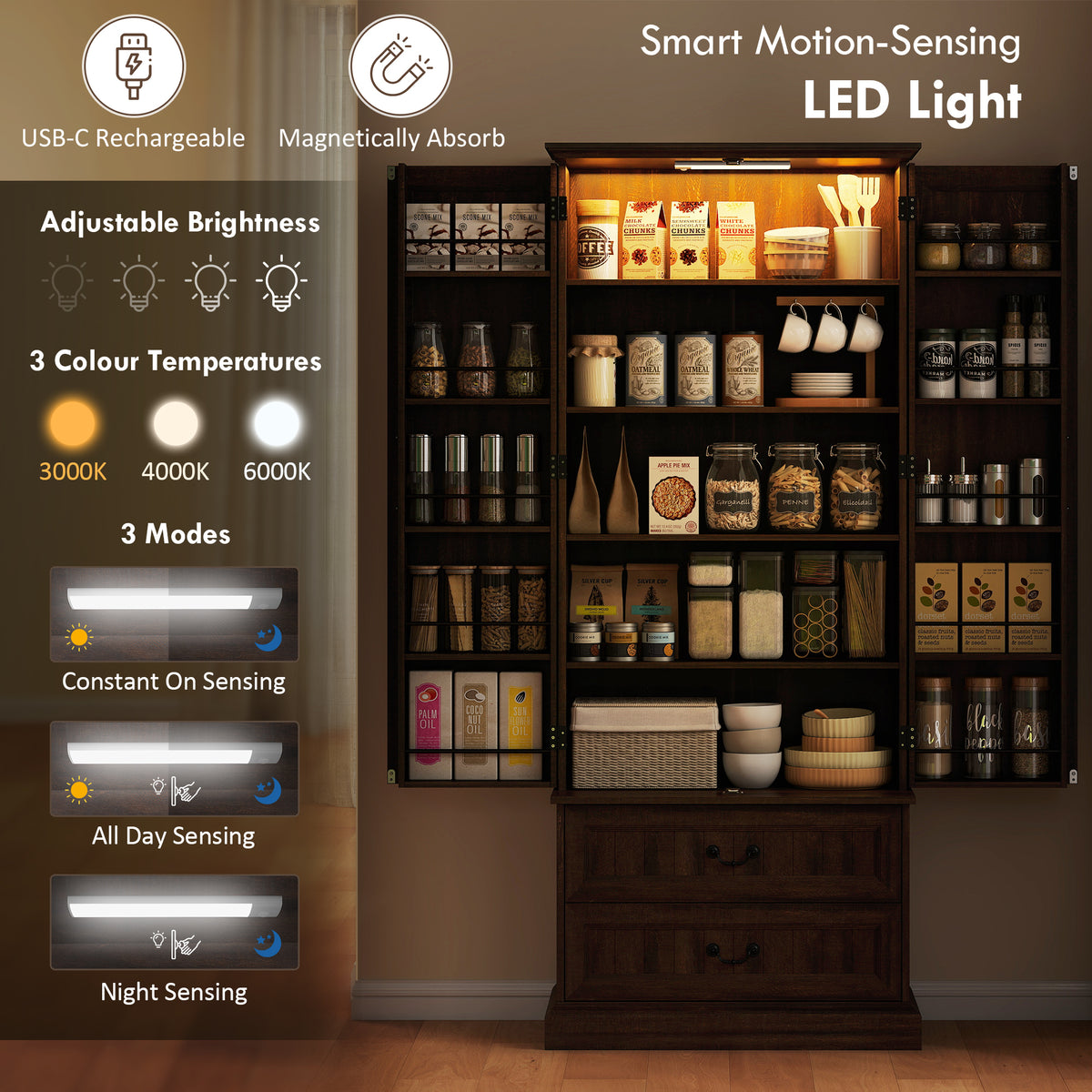 Brown 72" LED Kitchen Pantry Cabinet | Buffet Storage with 10 Door Shelves