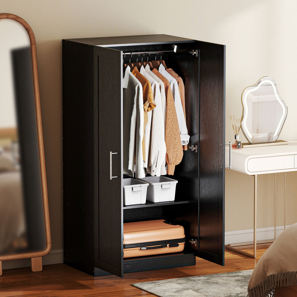Black Wood-Effect Wardrobe | 63" Tall Armoire Closet with 2 Doors and Hanging Rod