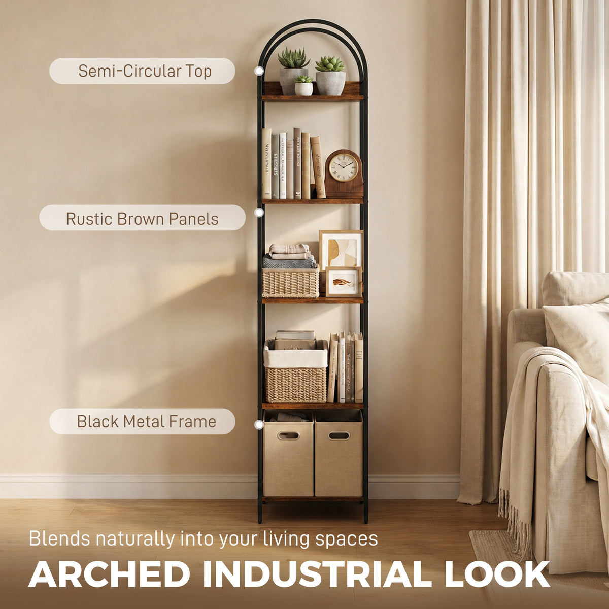 Rustic Brown Arched Bookshelf - shelf detail